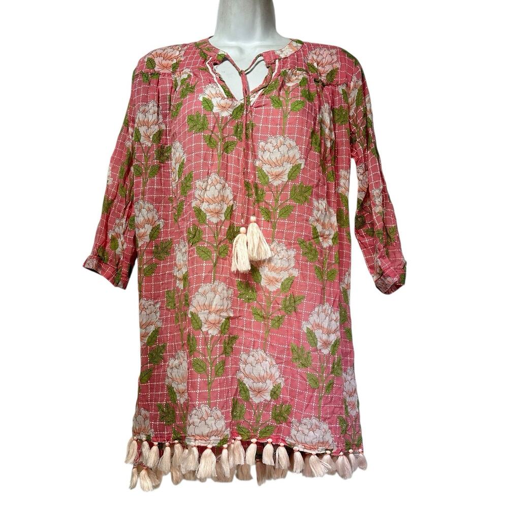 Roller Rabbit Parma Serafina Pink White Green Floral Tassel Tunic Top Size XS